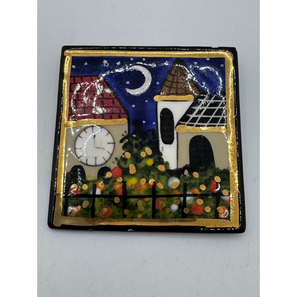 Laura Mostaghel Signed Ceramic Tile Brooch Whimsical Night Village Moon Pin